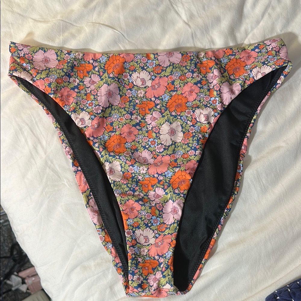 J. Crew Floral Bikini Bottom Pink Orange Navy High Waist High Leg Med Cheeky